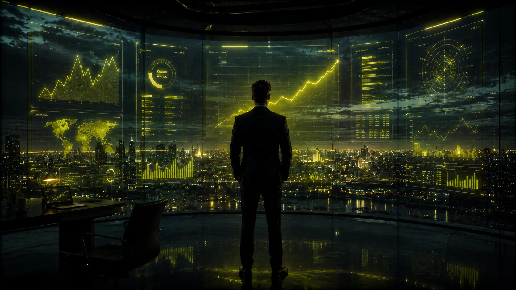 Mann blickt aus einem Penthouse-Büro über eine nächtliche Stadt. Vor ihm ein Cockpit-artiges Display mit leuchtenden Charts, Trend-Kurven, Welt-Karten und BWA-Visualisierungen. Symbolik für Buchhaltung, die zum aktiven Steuerungsinstrument wird, statt nur Vergangenheit zu dokumentieren.
