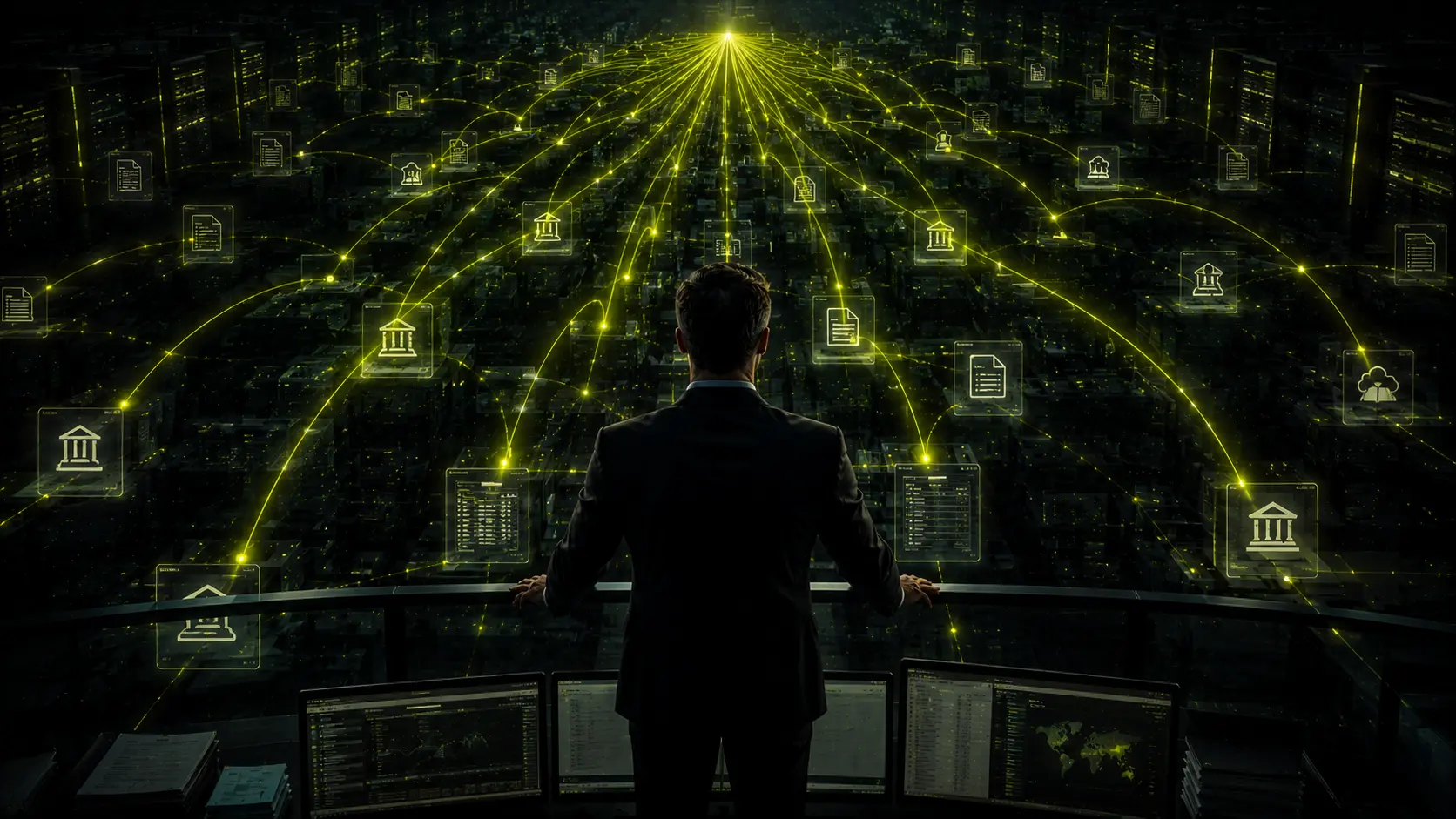 Visualisierung eines automatisierten Bank-Datenstroms: aus einer Banken-Wolke fließen Lime-leuchtende Transaktionen direkt in ein zentrales Verbuchungs-System, das daraus saubere Buchungssätze erzeugt. Symbolik für tagaktuelle Bankumsätze, die ohne manuellen Import verbucht werden.