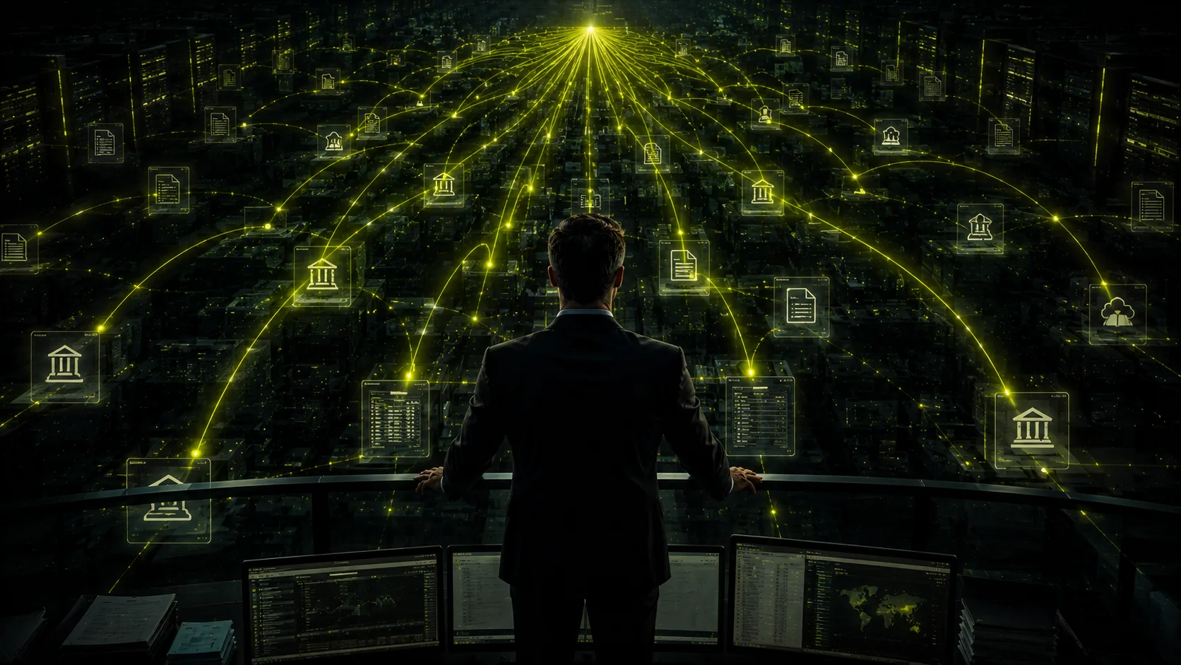 Visualisierung eines automatisierten Bank-Datenstroms: aus einer Banken-Wolke fließen Lime-leuchtende Transaktionen direkt in ein zentrales Verbuchungs-System, das daraus saubere Buchungssätze erzeugt. Symbolik für tagaktuelle Bankumsätze, die ohne manuellen Import verbucht werden.