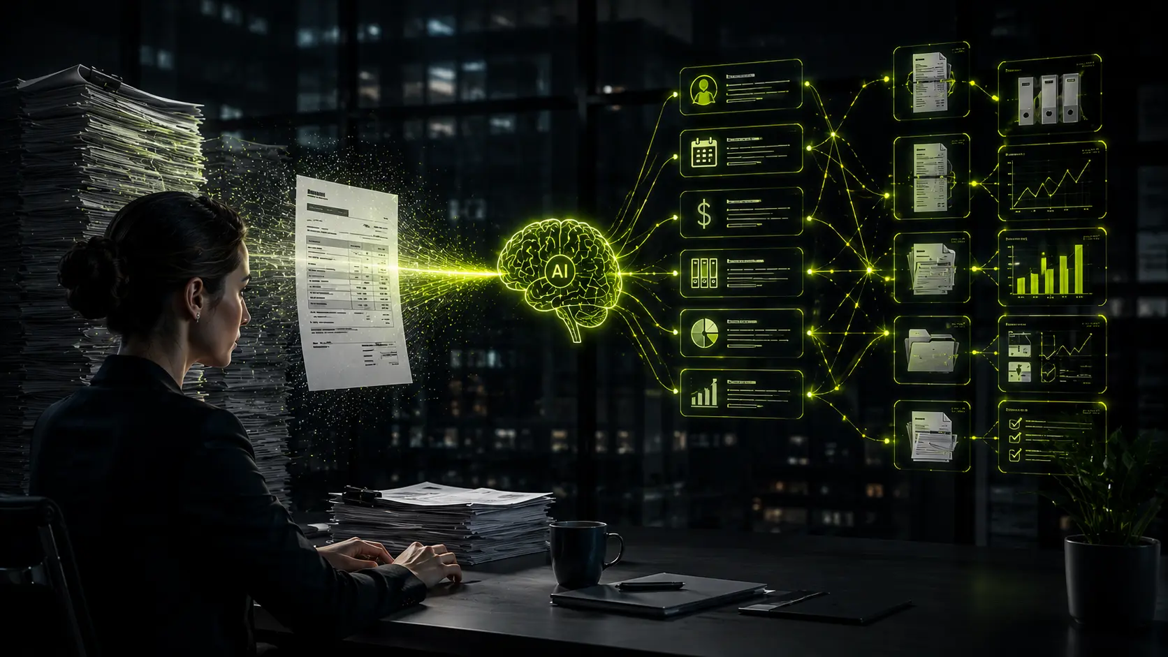 Frau am Schreibtisch mit Stapel Papier-Belege neben sich. Aus einem Beleg fliegen Pixel in ein zentrales leuchtendes Gehirn-Symbol mit AI-Beschriftung, rechts daneben entstehen aus dem Datenstrom strukturierte Workflow-Stationen, Charts und Häkchen-Symbole. Symbolik für KI-basierte Belegerkennung, die mehr leistet als reine OCR.