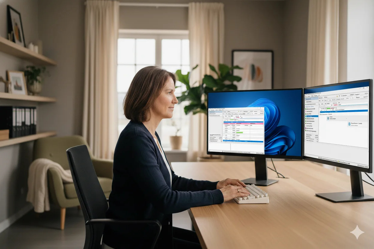 Erfahrene Buchhalterin am Schreibtisch mit zwei Monitoren – moderne Auswertungs-Software, ruhige Atmosphäre