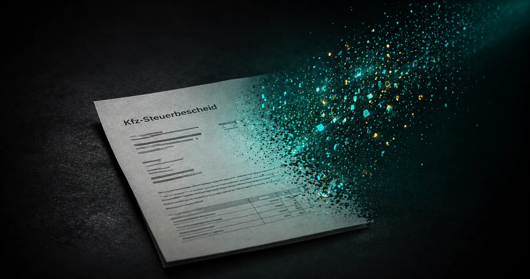 Ein Kfz-Steuerbescheid auf dunklem Untergrund, dessen rechte Hälfte sich in Lime- und Gold-Partikel auflöst – Symbol für die Überführung der Papier-Information in einen strukturierten Datensatz im Buchhaltungssystem.