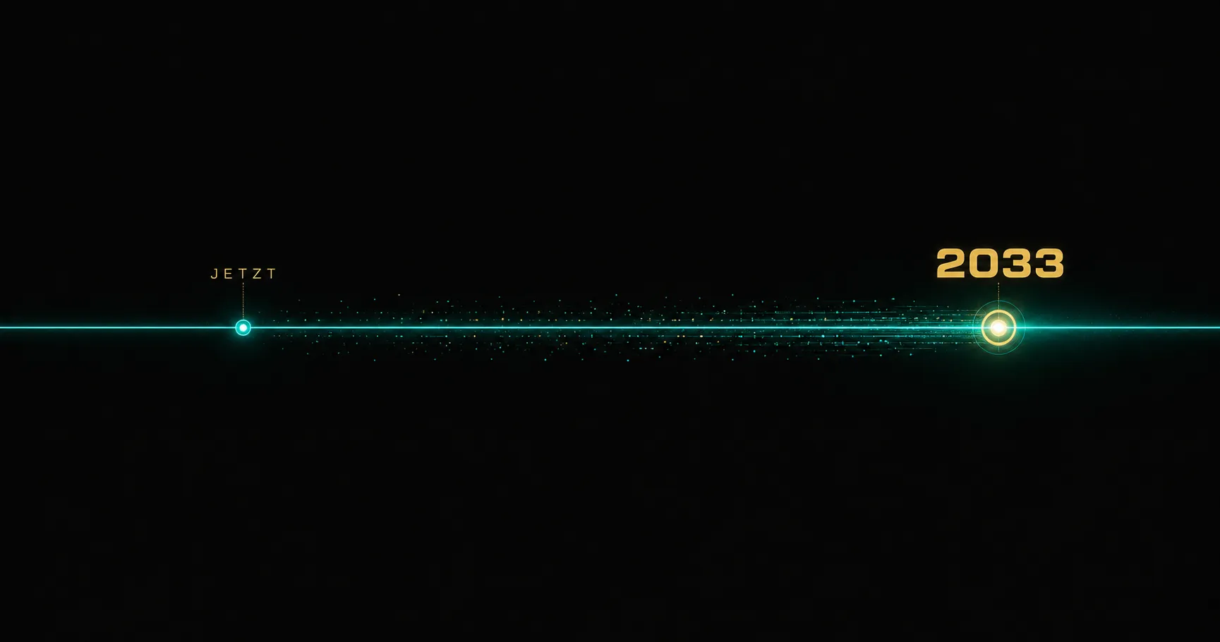 Zeitachsen-Visualisierung: linker Punkt in Lime mit Beschriftung „JETZT", rechter Punkt in Gold mit Beschriftung „2033" – verbunden durch eine partikelartige Lime-Linie, die die zeitliche Lücke zwischen Bescheid und Zahlung symbolisiert.