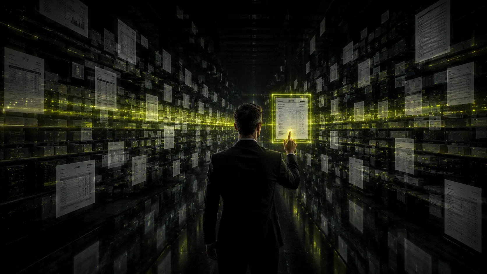 Mann steht in einem Korridor aus schwebenden Belegen und tippt auf einen zentralen leuchtenden Beleg auf einem digitalen Display. Lime-Akzente überall, ringsum hunderte schwebende Dokumente. Symbolik für den Moment, in dem die Belegverarbeitung von der manuellen Eingabe zur automatischen Auswertung kippt.