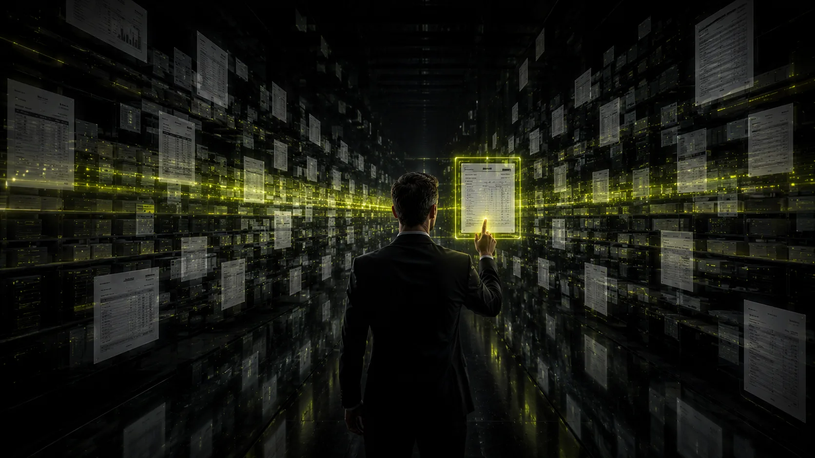 Mann steht in einem Korridor aus schwebenden Belegen und tippt auf einen zentralen leuchtenden Beleg auf einem digitalen Display. Lime-Akzente überall, ringsum hunderte schwebende Dokumente. Symbolik für den Moment, in dem die Belegverarbeitung von der manuellen Eingabe zur automatischen Auswertung kippt.