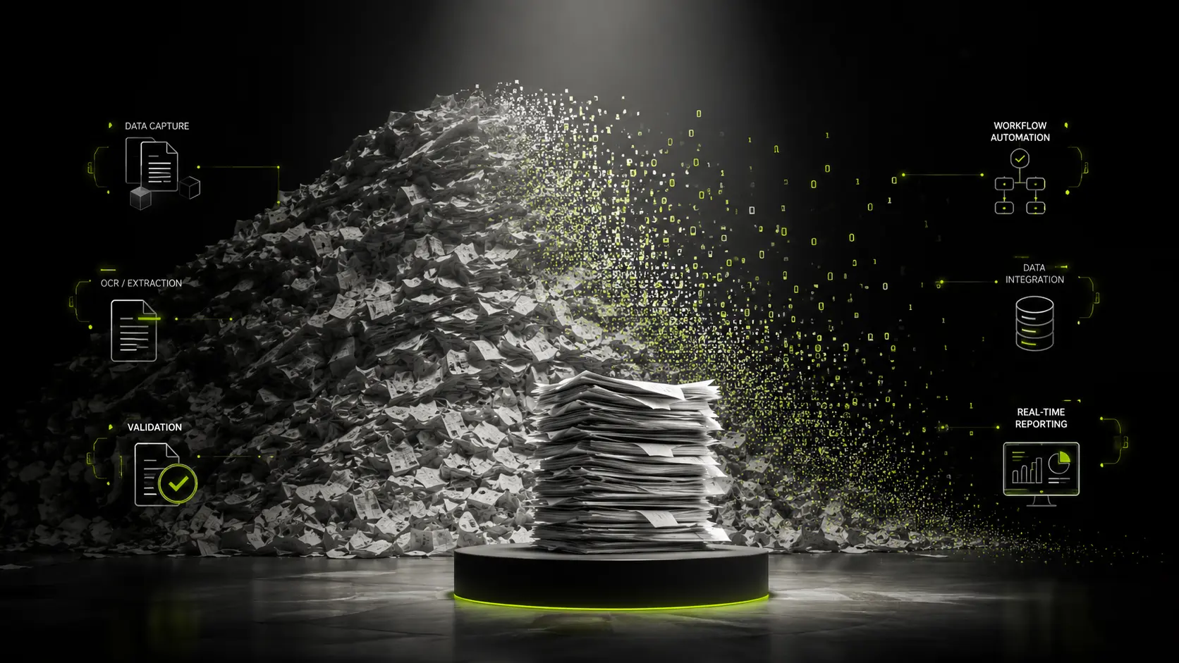 Großer Berg aus Papierbelegen, davor ein kleiner Belegstapel auf einem Lime-Podest. Daten fliegen aus dem Belegberg ins Digitale. Drumherum Icons für Data Capture, OCR, Validierung, Workflow-Automatisierung, Data Integration und Real-Time Reporting.