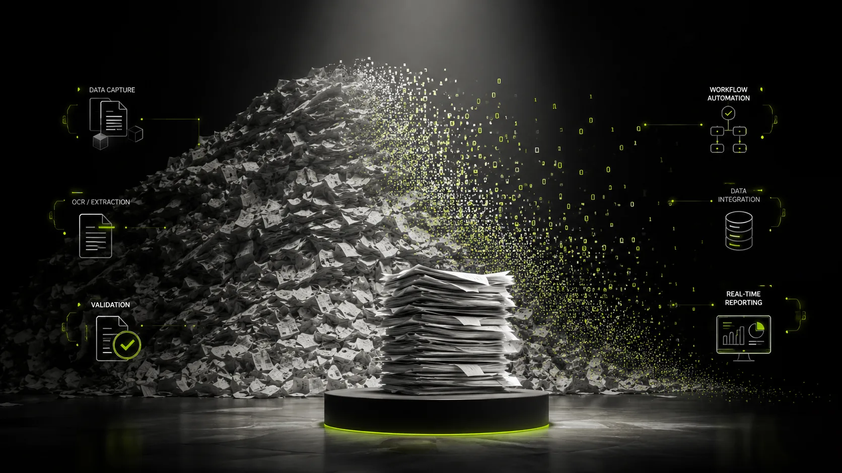 Großer Berg aus Papierbelegen, davor ein kleiner Belegstapel auf einem Lime-Podest. Daten fliegen aus dem Belegberg ins Digitale. Drumherum Icons für Data Capture, OCR, Validierung, Workflow-Automatisierung, Data Integration und Real-Time Reporting.
