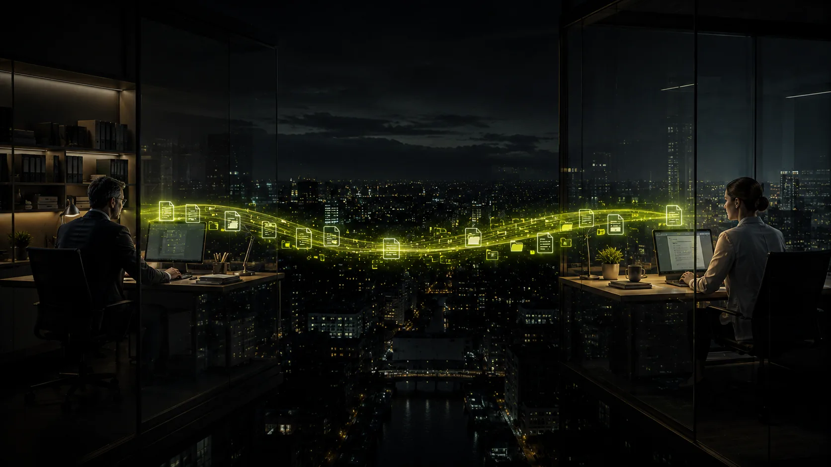 Zwei Büro-Arbeitsplätze in einer Stadtlandschaft bei Nacht, jeweils mit Person am Bildschirm. Zwischen ihnen spannt sich eine leuchtende Lime-Datenbrücke über die Stadt, getragen von schwebenden Datenpaketen und Icons. Symbolik für die digitale Verbindung zwischen Kanzlei und Mandant.