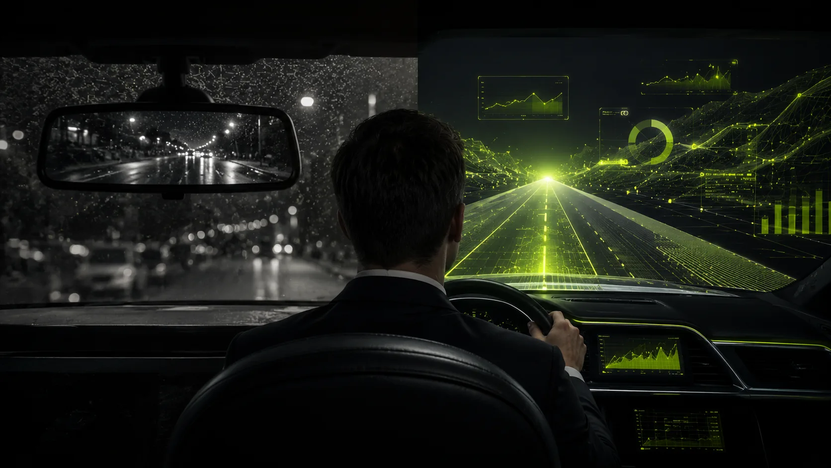 Fahrerperspektive aus einem Auto: links im Rückspiegel eine dunkle, regnerische Vergangenheit, durch die Windschutzscheibe nach vorn eine helle Lime-leuchtende Straße mit Echtzeit-Charts und Daten-HUD. Symbolik für den Wechsel von rückblickender Buchhaltung zu vorausschauender Live-Steuerung.