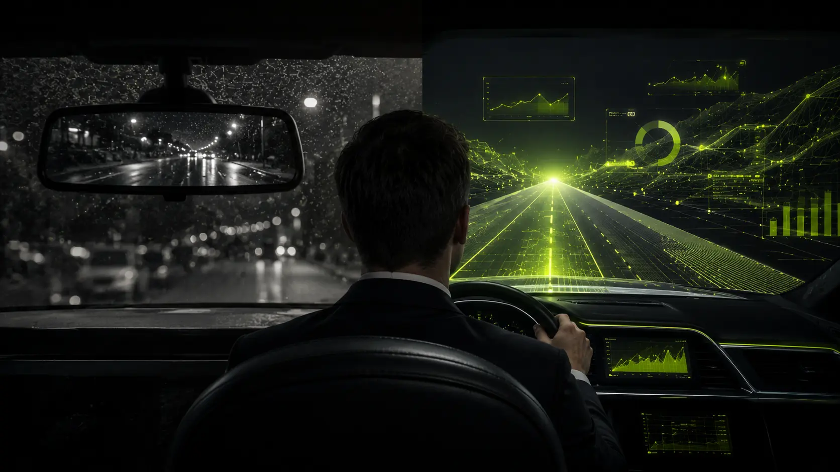 Fahrerperspektive aus einem Auto: links im Rückspiegel eine dunkle, regnerische Vergangenheit, durch die Windschutzscheibe nach vorn eine helle Lime-leuchtende Straße mit Echtzeit-Charts und Daten-HUD. Symbolik für den Wechsel von rückblickender Buchhaltung zu vorausschauender Live-Steuerung.