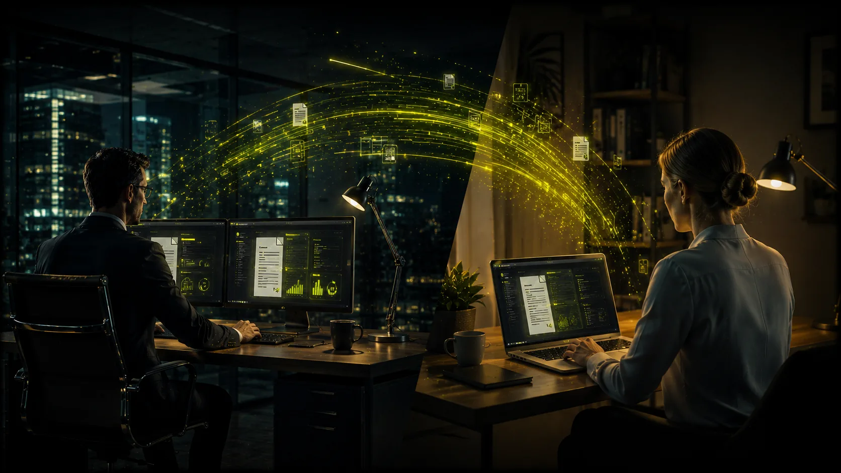 Zwei Personen sitzen einander gegenüber an Schreibtischen im Büro, jeweils mit Laptop. Zwischen den beiden Bildschirmen schwingt sich ein Lime-leuchtender Datenbogen, getragen von schwebenden Beleg-Symbolen. Symbolik für digitale Zusammenarbeit an gemeinsamen Buchungen in Echtzeit, statt handschriftlicher Notizen und Rückfragen per Zettel.