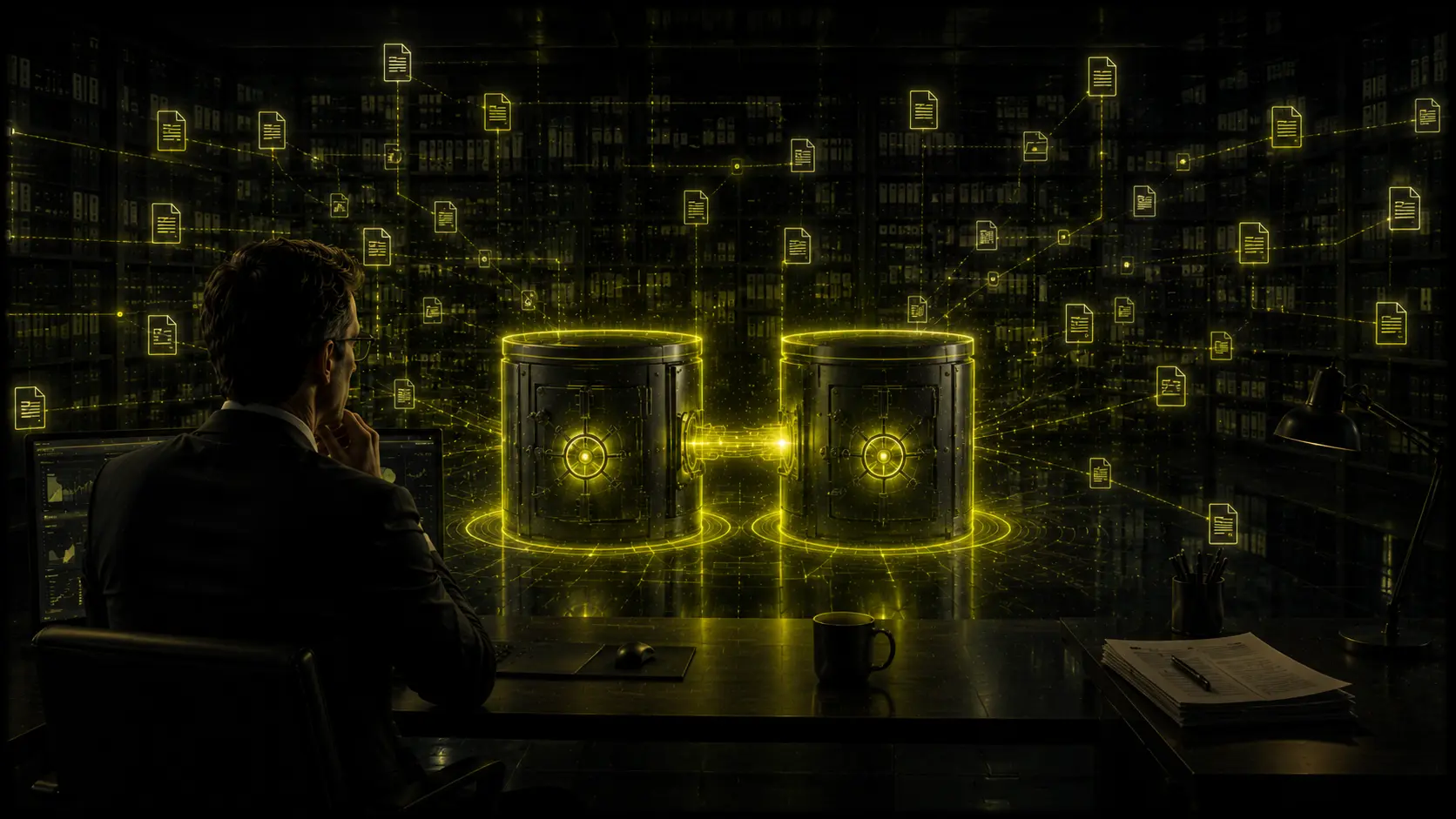Mann am Schreibtisch vor zwei nebeneinander stehenden Lime-leuchtenden Konten-Zylindern, von denen einer als Kopiervorlage in den anderen fließt. Im Hintergrund eine Wand aus Konten-Vorlagen. Symbolik für das Anlegen neuer Konten per Kopie eines bestehenden — schneller, mit allen Einstellungen, ohne manuelle Fehlerquellen.