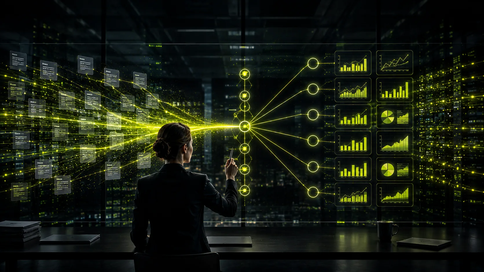 Person vor einem großen Kontroll-Display in einem Server-Raum. Links strömen Belege und Datenpunkte als breiter Lime-Fächer in einen zentralen Knoten, rechts daneben fächern sich klar geordnete Charts und Balkendiagramme auf. Symbolik dafür, dass einmal sorgfältig gepflegte Kontoverweise tausendfach zeit-sparende Buchungsvorschläge produzieren.