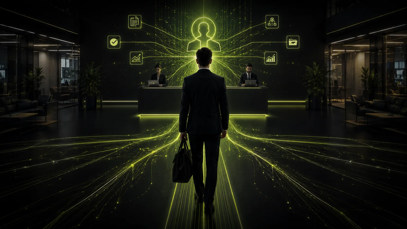Geschäftsmann mit Aktentasche tritt in einen leuchtenden Empfangsbereich. Über dem Empfang schweben Onboarding-Icons (Checkliste, Charts, Personen-Symbol), aus dem Bodenbelag strömen Lime-Datenbahnen in alle Richtungen. Symbolik für den Start eines strukturierten Mandanten-Onboarding-Prozesses.