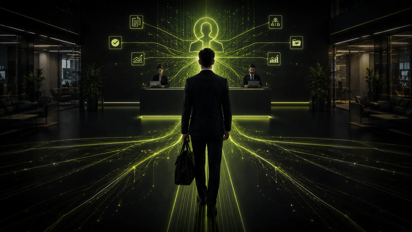 Geschäftsmann mit Aktentasche tritt in einen leuchtenden Empfangsbereich. Über dem Empfang schweben Onboarding-Icons (Checkliste, Charts, Personen-Symbol), aus dem Bodenbelag strömen Lime-Datenbahnen in alle Richtungen. Symbolik für den Start eines strukturierten Mandanten-Onboarding-Prozesses.