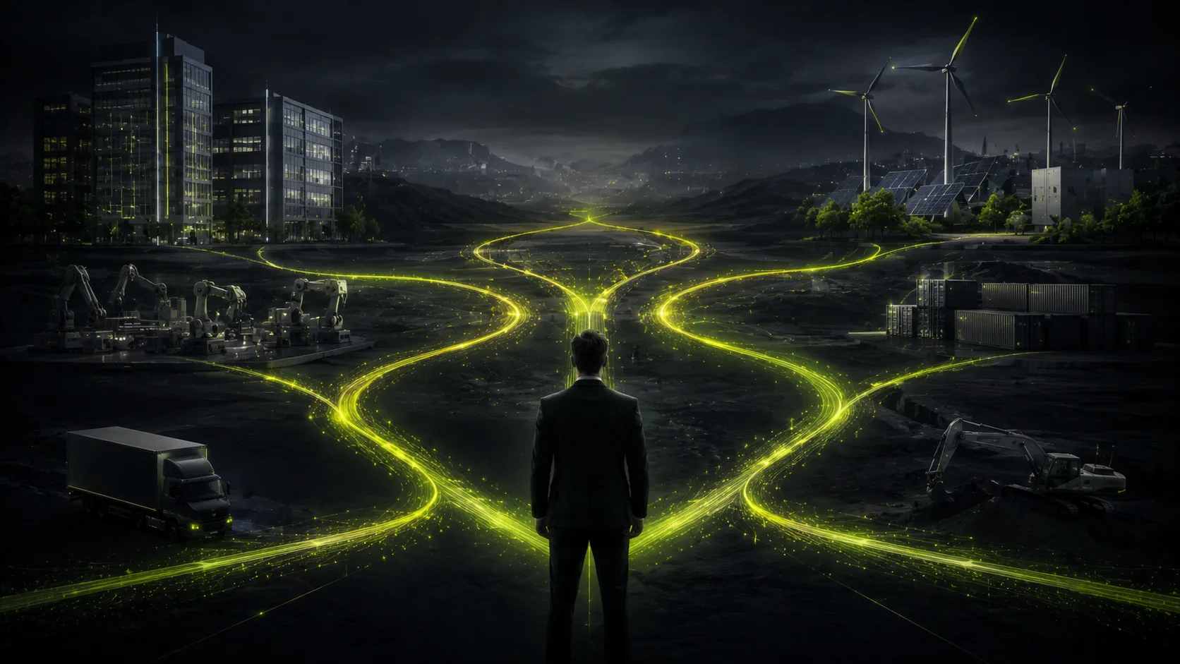 Unternehmer steht vor einer dreifachen Wegkreuzung in einer Industrielandschaft. Lime-leuchtende Pfade führen in verschiedene Richtungen: links zu Industrieanlagen und einem Lieferwagen, geradeaus zu einer Stadtsilhouette, rechts zu Windkraftanlagen. Symbolik für die verschiedenen Abschreibungsoptionen je nach Investitionsbereich.