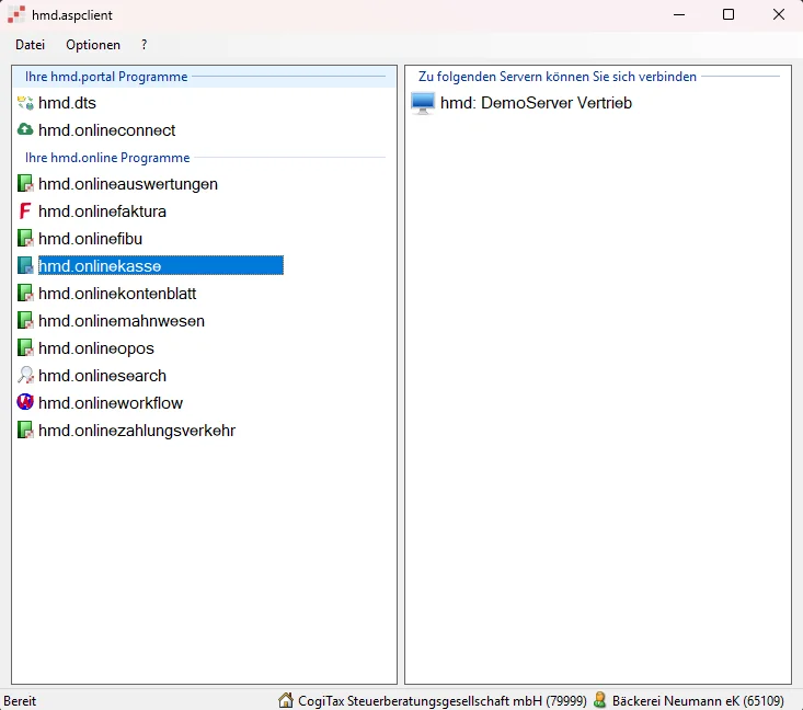 Screenshot des hmd.asp.client mit der Liste der verfügbaren Mandantenlösungen — hmd.onlinekasse ist hervorgehoben.