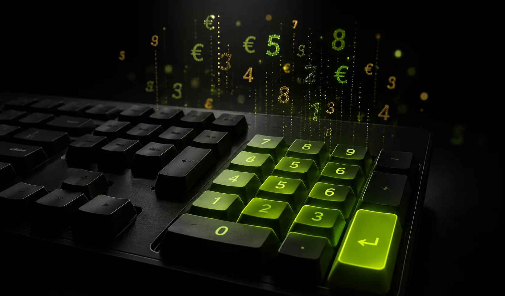 Tastatur-Numblock mit aufsteigenden, leuchtenden €-Symbolen und Ziffern in Lime und Gold — symbolisiert die schnelle Bargeld-Erfassung in der hmd.onlinekasse.