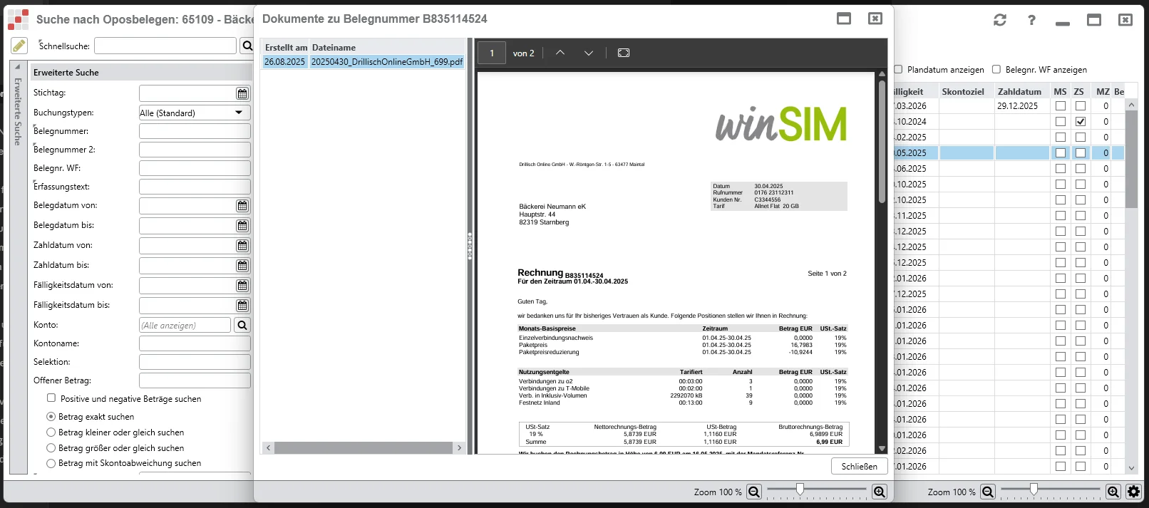 Screenshot der hmd.onlineopos mit eingeblendeter Dokumentenvorschau: Links die OPOS-Liste, in der Mitte ein geöffneter Dialog mit dem PDF-Originalbeleg einer winSIM-Rechnung. Demonstriert den direkten Sprung vom offenen Posten zum hinterlegten Workflow-Dokument.