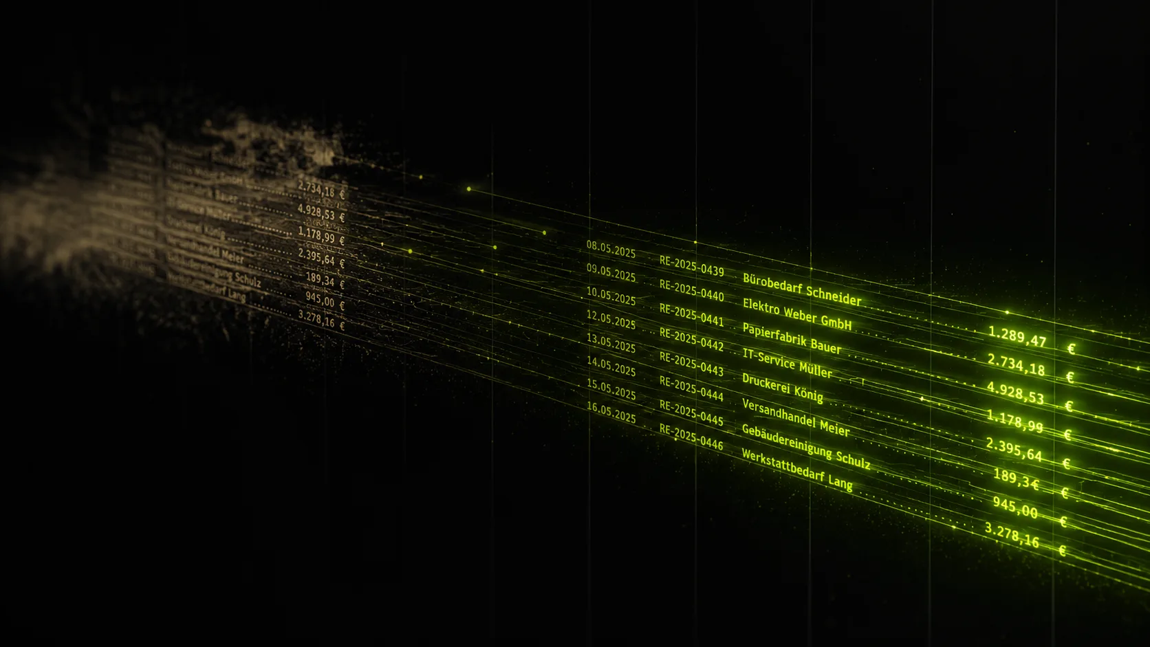 Horizontaler Datenstrom aus glühenden Lime-grünen Posten-Zeilen, von links als verstaubte Papier-Liste startend, nach rechts als helle Live-Daten herausströmend. Symbolisiert den Wandel von statischen OPOS-Listen zur Echtzeit-Sicht.