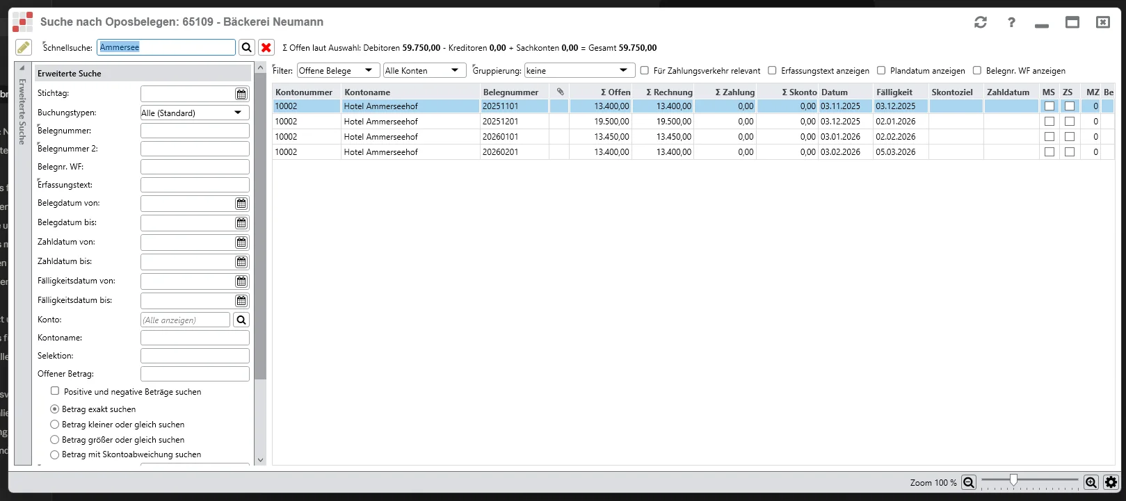 Screenshot der OPOS-Schnellsuche im asp.client: Im Feld Schnellsuche ist Ammersee eingegeben, die Trefferliste rechts ist sofort auf vier Posten des Hotel Ammerseehof eingegrenzt (Belegnummern 20251101, 20251201, 20260101, 20260201) mit den jeweiligen Beträgen und Fälligkeitsdaten. Oben die Summe: Σ Offen 59.750,00 Euro.
