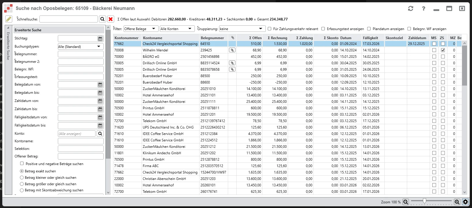 Screenshot der OPOS-Suche im asp.client der hmd software AG: linke Seitenleiste mit Erweiterter Suche (Stichtag, Belegnummer, Erfassungstext, Belegdatum, Konto, Selektion, Betrag), rechts die Trefferliste mit Spalten Kontonummer, Kontoname, Belegnummer, Σ Offen, Σ Rechnung, Σ Zahlung, Datum, Fälligkeit, oben die Filter-Schalter für Zahlungsverkehr-relevant, Erfassungstext, Plandatum und Belegnr. WF.