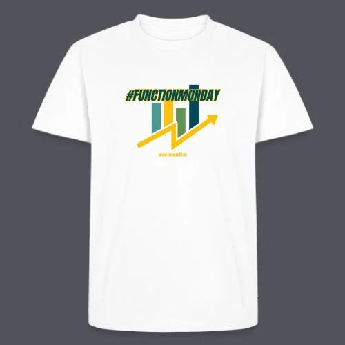 Weißes #FunctionMonday Männer-Premium-Bio-T-Shirt mit dem ReweRaffi-Logo in Lime, Teal und Gold.