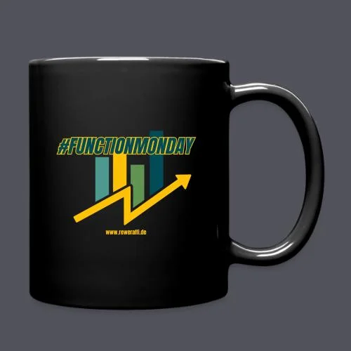 Schwarze #FunctionMonday Keramik-Tasse mit dem ReweRaffi-Logo in Lime, Teal und Gold.