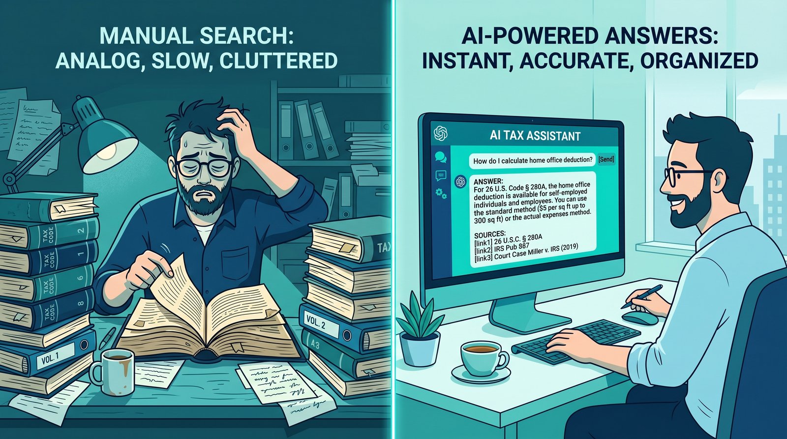 Split-Screen: Manuelle Steuerrecht-Recherche vs. KI-gest&uuml;tzte Recherche mit Quellenverweisen