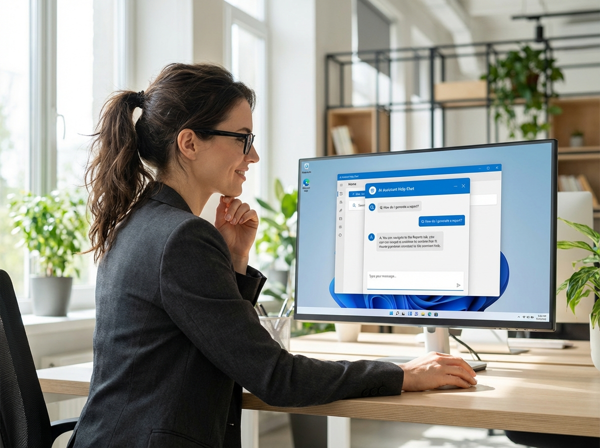 Frau am Arbeitsplatz mit modernem Monitor und KI-Chat – Digitalisierung im Büroalltag